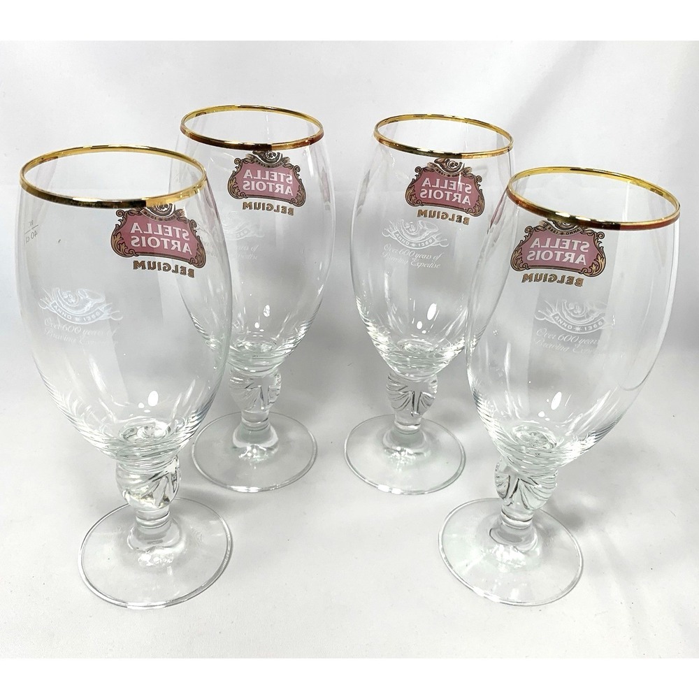 Stella Artois Beer Glass Chalice -SET of 4-Clear Belgium Gold Rim 600 Years... - Picture 6 of 8